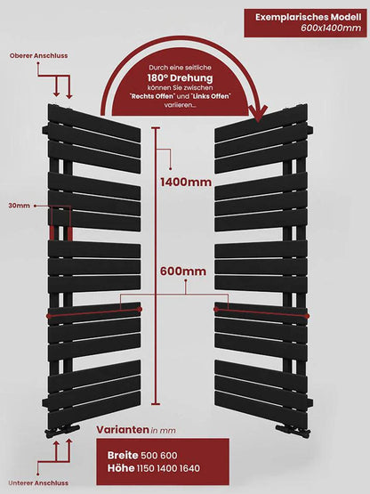 Austauschheizkörper Badheizkörper Handtuchheizkörper Paneelheizkörper Designheizkörper Elektroheizkörper seitlich Badezimmer Diadem Design Schwarz RAL9005 Multiblock